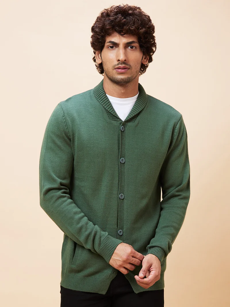 globus Globus Men Green Solid Casual Cardigan Sweater